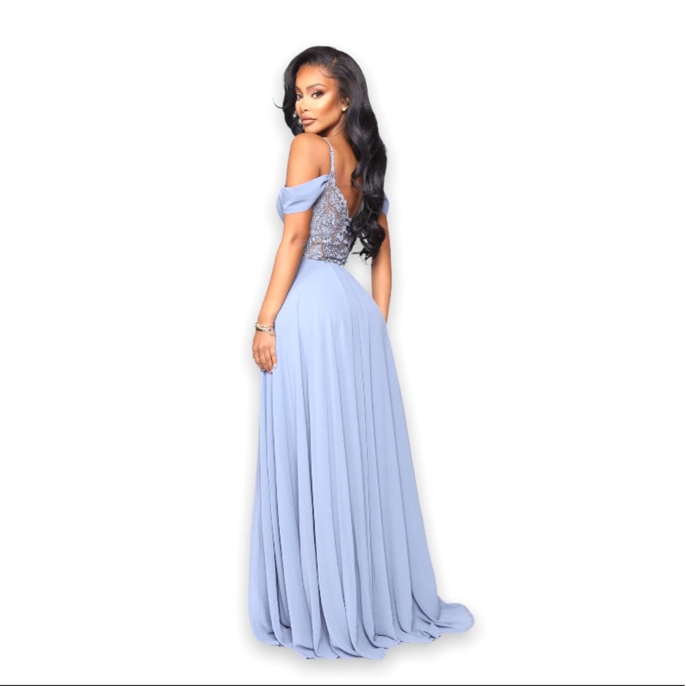 New Woman’s Blue We Go Together Embroidered High Slit Prom Brides Maxi Dress - Picture 7 of 17